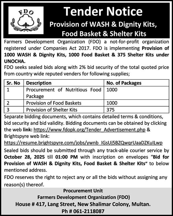 Farmers Development Organization Multan Tender Notice